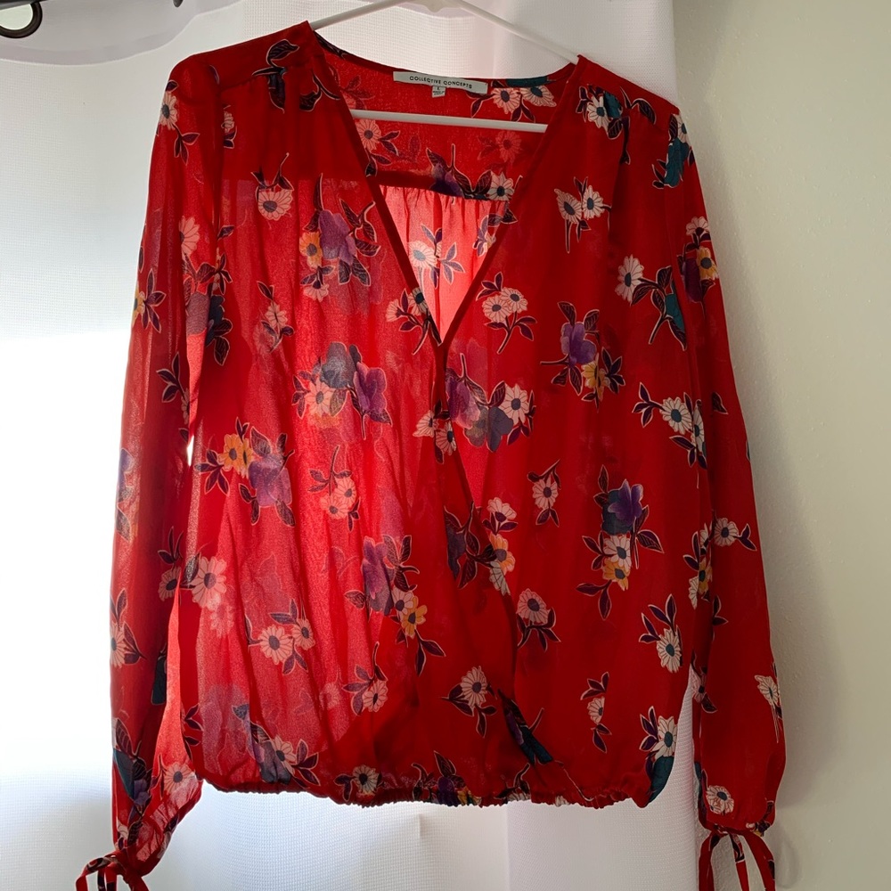 Collective Concepts/ Red Kimono Cross Front Blouse